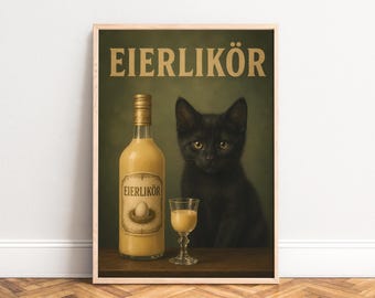 Egg Liqueur Poster, Vintage Cat Wall Art, Gold Brown, Kitchen, Dining Room, Cat Lover Gift A1/A2/A3/A4