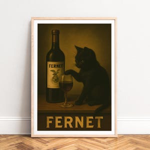 Poster - Vintage advertisement style, moody amber tones, black cat & Fernet bottle, UNFRAMED