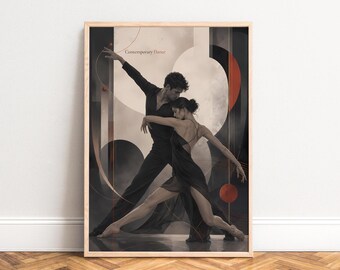 Contemporary Dance Poster, Art Deco Wall Art, Black Red, Living Room, Office, Gift for Dance Fans A1/A2/A3/A4