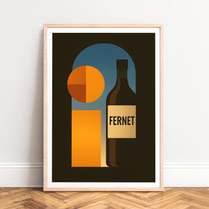 Poster - Fernet bottle, mid-century geometric art, warm orange & navy, UNFRAMED