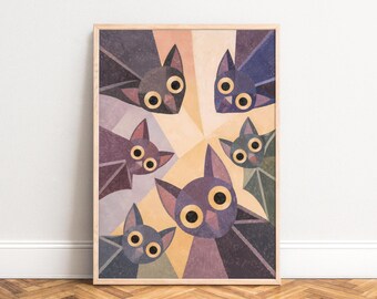 Cat Poster, Art Deco Style, Purple Beige, Living Room, Nursery, Cat Gift A3 A4