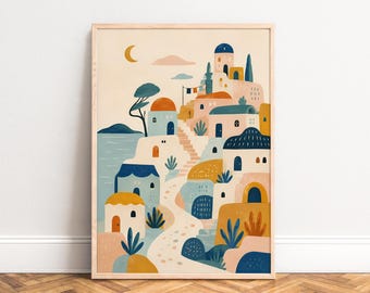 Mediterranean Village Poster, Boho Illustration, Sand Blue, Living Room, Kitchen, Housewarming Gift A1/A2/A3/A4