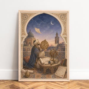 May include: A framed wall art print depicting a person in traditional attire holding an astrolabe on a balcony. The scene features an ornate archway, a starry night sky with a crescent moon, and a cityscape with a dome and tower in the background.