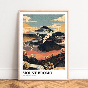 Reiseplakat Mount Bromo - Vulkan-Illustration in gedämpftem Türkis und Ocker, UNGERAHMT