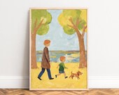 Poster,  illustrative Familienspaziergang,  warme Küstenfarben,  Eltern und Kind mit Hund,  naive Strukturmalerei,  Kinderzimmerdekor