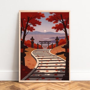 Poster Contemporary meditative autumn red-maple scene,  Japanese Torii path,  lantern steps,  minimal landscape print,  dusk art decor