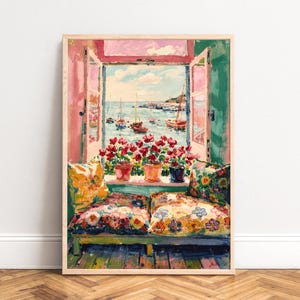 Seaside window poster,  boho coastal art,  sunlit floral view,  pastel Mediterranean boats and colorful cushions print for living room