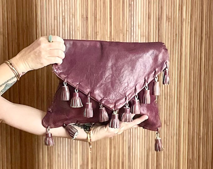 Vintage Leather Tassel Bag - Clutch/Crossbody, Burgundy Boho Purse