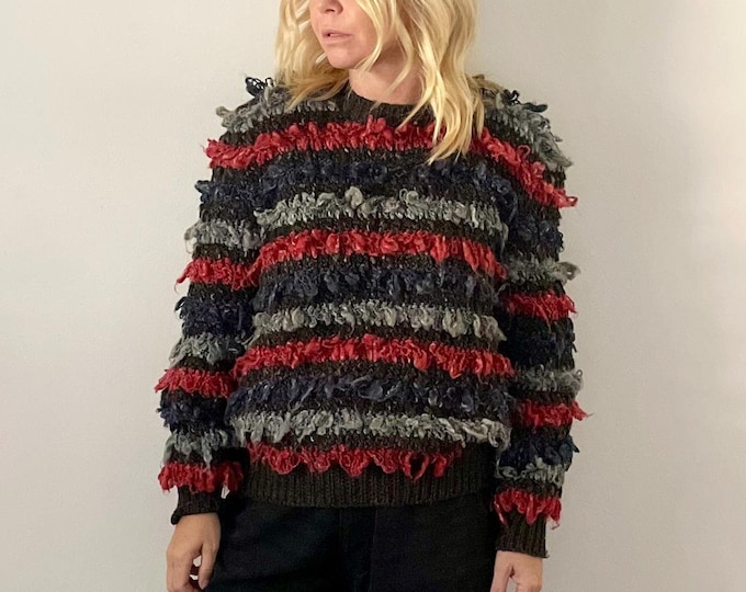 Vintage Shaggy Loop Yarn Sweater , Shaggy Sweate,  Shagg Pullover, Stripped Sweater