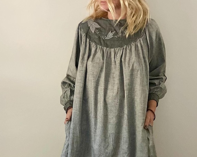 Vintage rare Gray PHOOL India Dress , BOHO Hippie Dress , India Dress Cotton Dress , Embroidered Cotton Phool Midi Dress