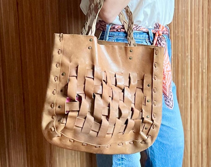Vintage Woven Natural Raw Leather Tote — Boho Braided Strap Shoulder Handwoven Leather Shopper Bag