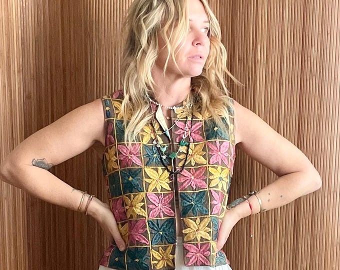 VTG 1960s Afghan Silk Embroidered Vest - Rare Textile Art Bohemian Hippie Festival Gilet