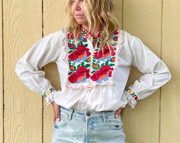 Hand 70s Hand Embroidered Mexican Shirt , Bohemian Peasant Blouse, White Embroidered Shirt
