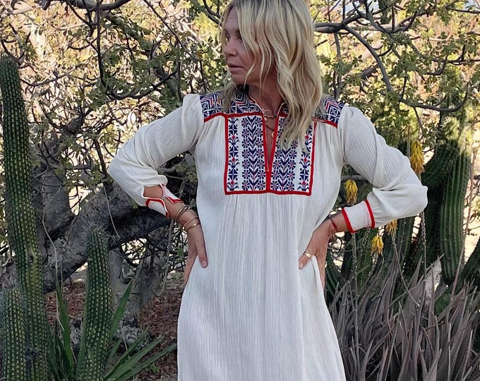Vintage 1960s Oaxacan Hand‑Loomed Cotton Kaftan- Mexican Boho Hand Embroidered Dress