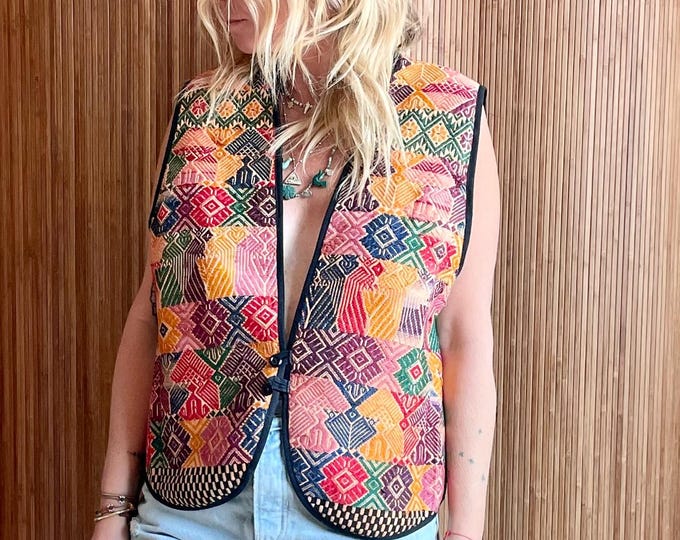Vintage Guatemalan Embroidered Cotton Vest: Hand Loomed Ikat Waistcoat