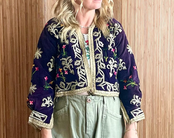 Antique Embroidered Velvet Ottoman Jacket: Ethnic Boho Waistcoat