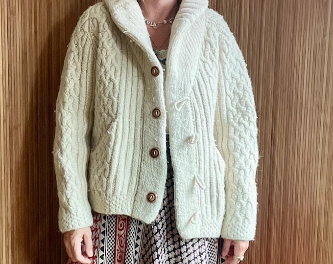 Vintage 60s Mexican Hand Knit Wool Cardigan - Boho Cable Knit