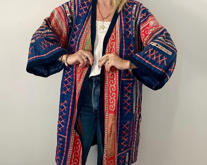 Vintage Hmong Tribal Jacket, Ethnic Embroidered Jacket , Thai Tribal Coat , Batik Printed Coat , Bohemian Layering Jacket