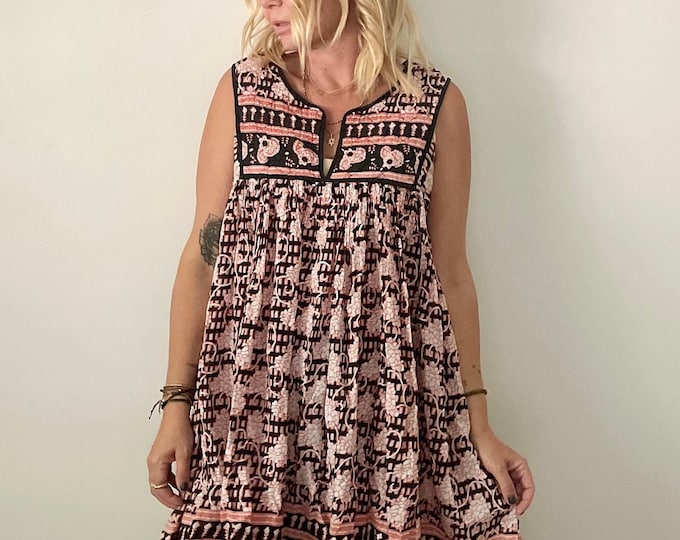 Vintage India Cotton Gauze  Tunic Top , India Block Print Mini Dress, Sleeveless India Top
