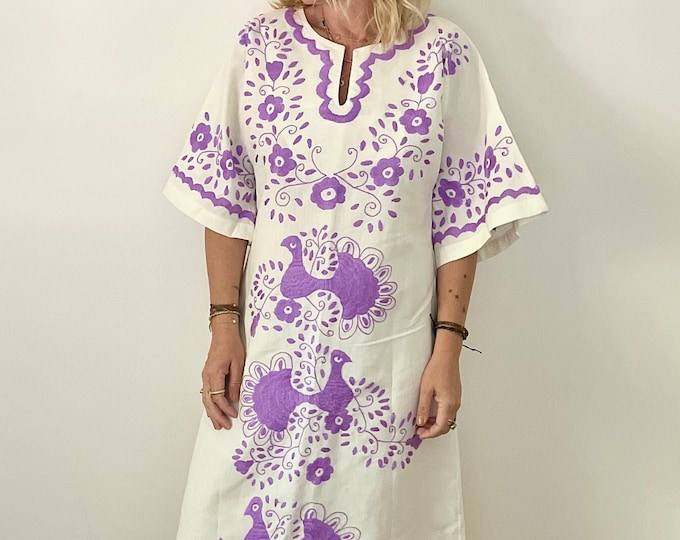 Vintage 60s Mexican Embroidered Kaftan, Designer Mexican Kaftan ,  Hand Embroidered Mexican Resort Kaftan , Peacock Kaftan