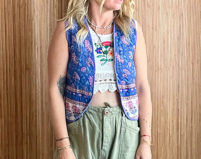 Vintage Quilted Black Print Indian Cotton Vest: Block Print Floral Gilet