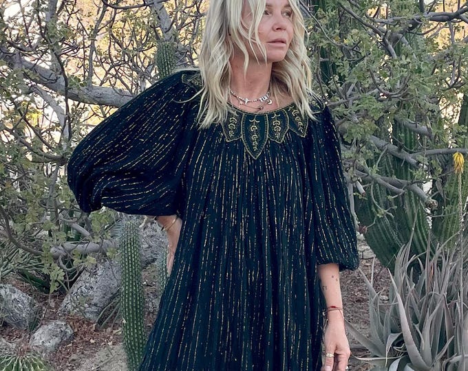 VTG Grecian Cotton Gauze Midi Dress — Black with Gold Lurex Frock
