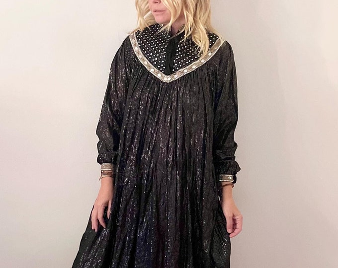 Vintage Black Cotton Gauze Lurex Dress , Indian Cotton Gauze Sequin Midi Dress , Cotton Gauze Party Dress