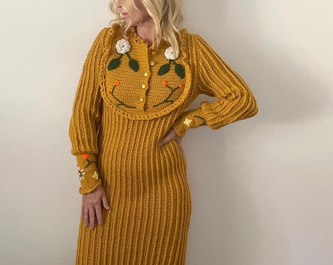 Vintage Crochet Maxi Dress , Vintage Knit Dress , Mustard Yellow Knit Maxi Dress