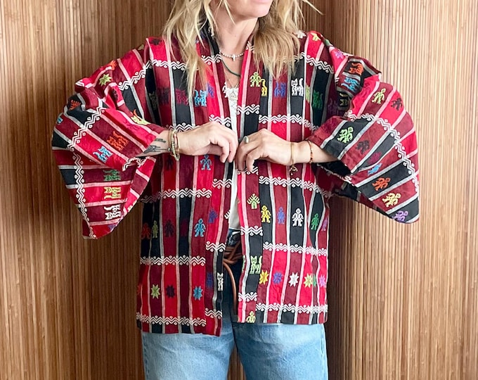 VTG Guatemalan Hand Loomed Corte Kimono Jacket – Rare Woven BOHO Colorful Ethnic Coat