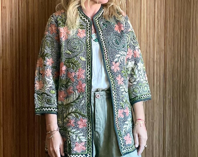 HVintage Afghan Silk Embroidered Jacket – Hand-Stitched Bohemian Floral Ethnic Folk Style Bohemian Coat
