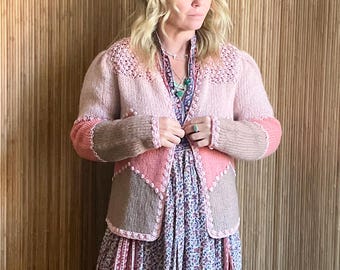 VTG 1950s Mohair Blend Colorblock Cardigan – Pink Taupe Boho Knit Sweater