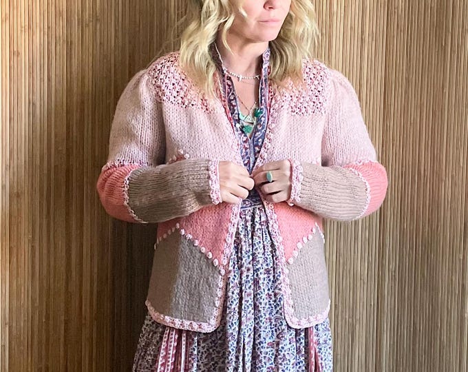 Vintage 1970s Mohair Blend Colorblock Cardigan – Pink Taupe Boho Knit Sweater