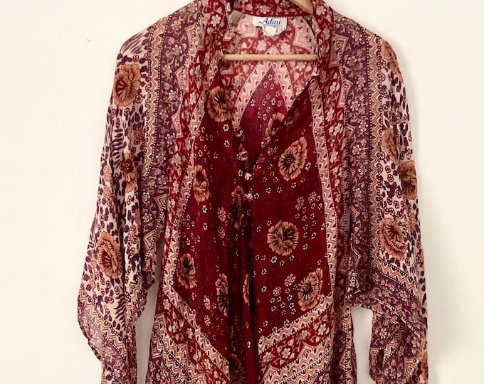 Vintage Adini Indian Cotton Gauze Maxi Kaftan, Gold Stamped Flowers