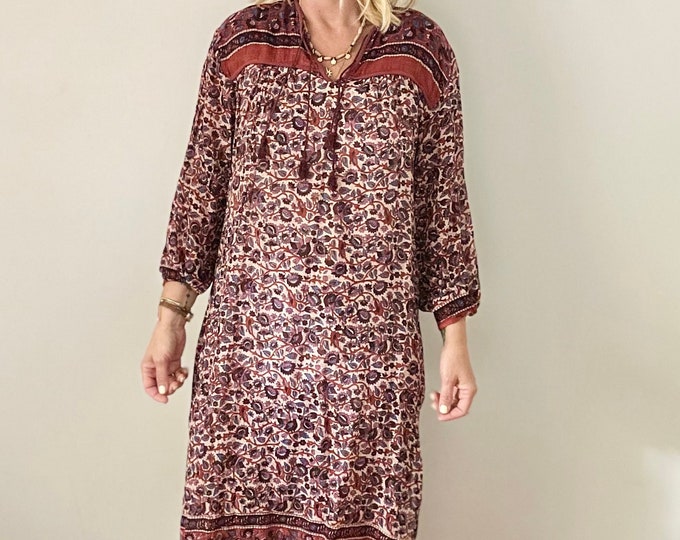 Vintage India Cotton Gauze  Dress , Indian Cotton Kaftan , Block Print Gauze Maxi Dress