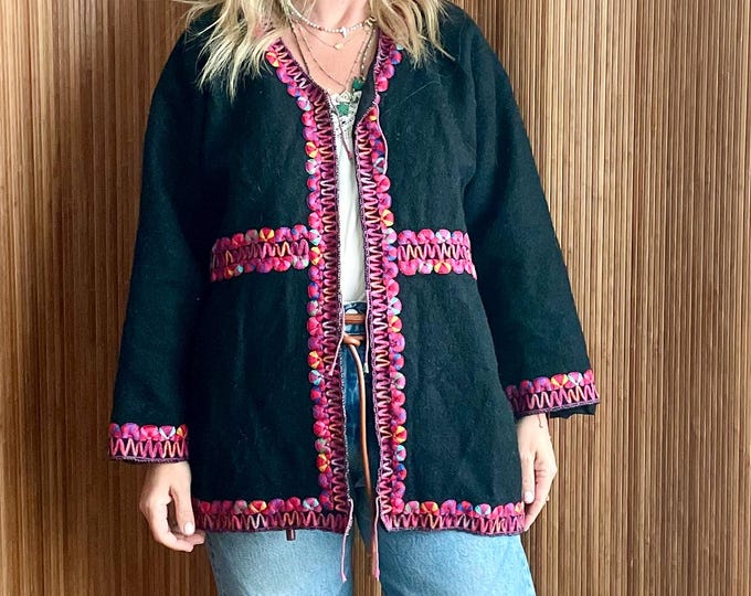 Vintage Hand-Embroidered Mexican Bohemian Wool Jacket - Ethnic Artisanal Made Jacket