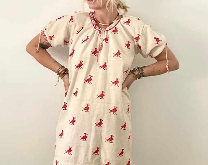 Vintage Hand Loomed Oaxacan Mini Dress Tunic Top  , Oaxaca Dress , Mexican Mini Dress , Embroidered Dress , Bohemian Dress , 60s Mini Dress