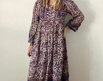 Vintage Indian Block Print  Cotton Dress , India Cotton Dress , Boho Midi Dress