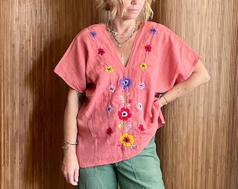 Vintage Oaxacan Hand Embroidered Huipil Top - Pink Mexican Floral Blouse