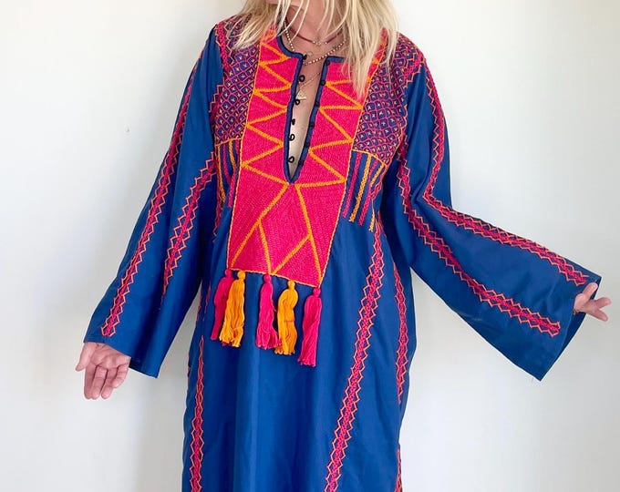 Vintage Egyptian Embroidered Cotton Kaftan , Ethnic Embroidered Kaftan , Siwa Kaftan , Tribal Dress , Bohemian Kaftan ,Blue Embroidered Maxi