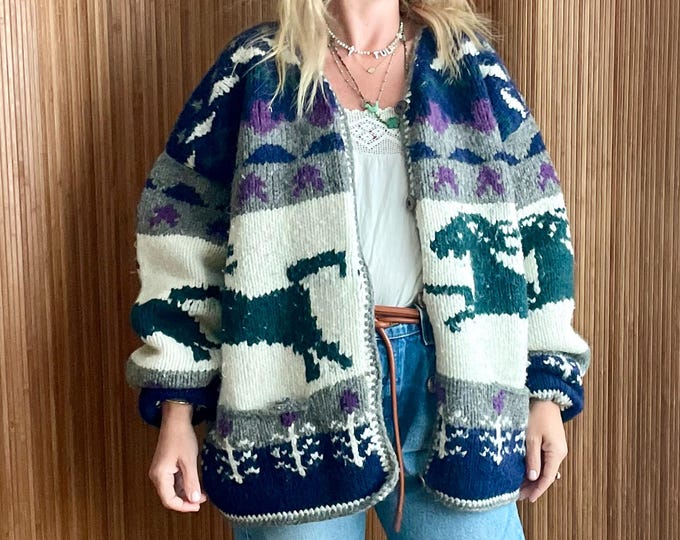 Vintage Ethnic Hand Knit Wool Horse Motif Cardigan - Chunky Ecuadorian Southwestern Sweater