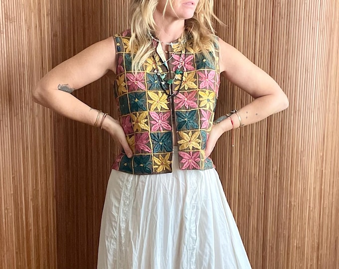 Vintage Afghan Silk Embroidered Vest - Rare Textile Art Bohemian Hippie Festival Gilet