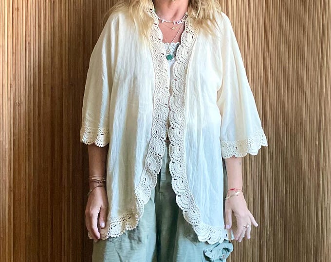 VTG 70s Turkish Cotton Crochet Trim Layering Jacket - Bohemian Layering Top