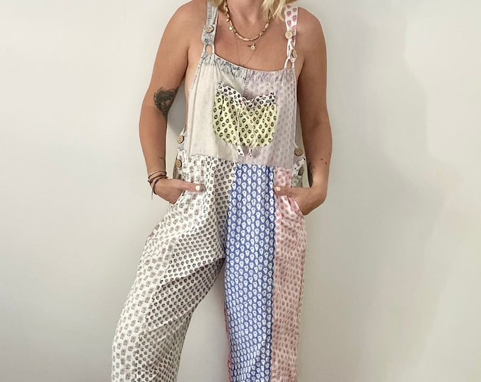 Vintage India Patchwork Overalls , Indian Jumpsuit , Embroidered Overalls