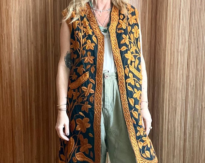 Vintage Afghan Embroidered Vest - Boho Floral Ethnic Folk Jacket