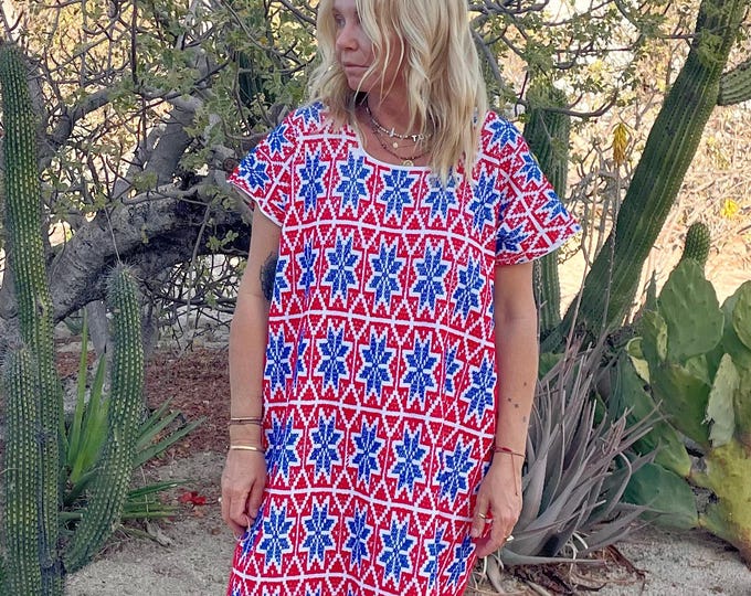 VTG Oaxacan Fully Embroidered Kaftan — Red & Blue Floral Cross-Stitch Huipil