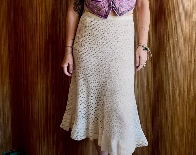 Vintage Cream Crochet Midi Skirt - Openwork Knit A-Line BOHO Skirt