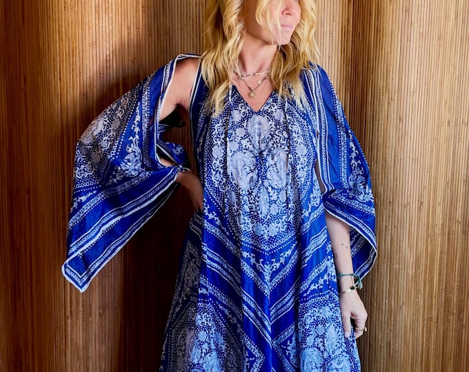 RESERVED//Vintage 1970s Cotton Bandana Print Kaftan - Blue Paisley Bohemian Maxi Dress