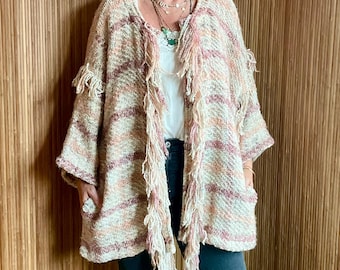 VTG Hand Loomed Fiber Art Knit Jacket - Kimono Boho Fringe Mixed Knit Cardigan
