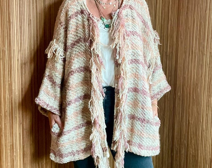 VTG Hand Loomed Fiber Art Knit Jacket - Kimono Boho Fringe Mixed Knit Cardigan