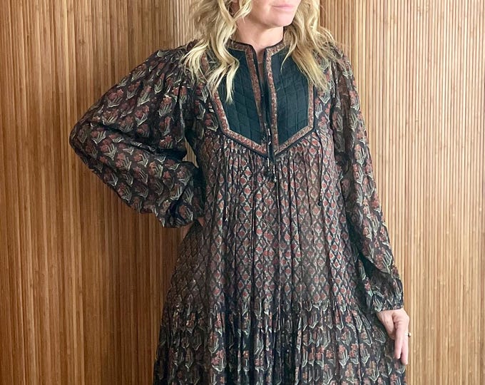 Vintage Indian Block-Print Cotton Gauze Midi Dress - Moody Autumn Floral  Quilted Yoke Peasant Smock